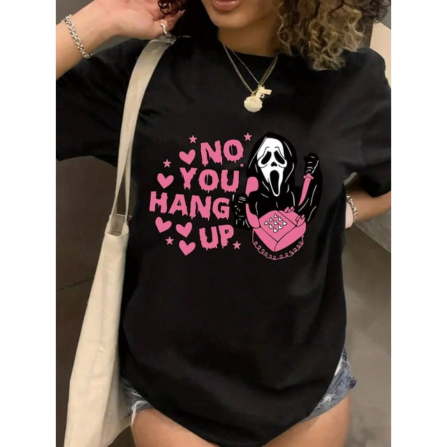 Halloween Skull & Love Letter Print Crew Neck Short Sleeve T-Shirt Graphic Tees Women Tops