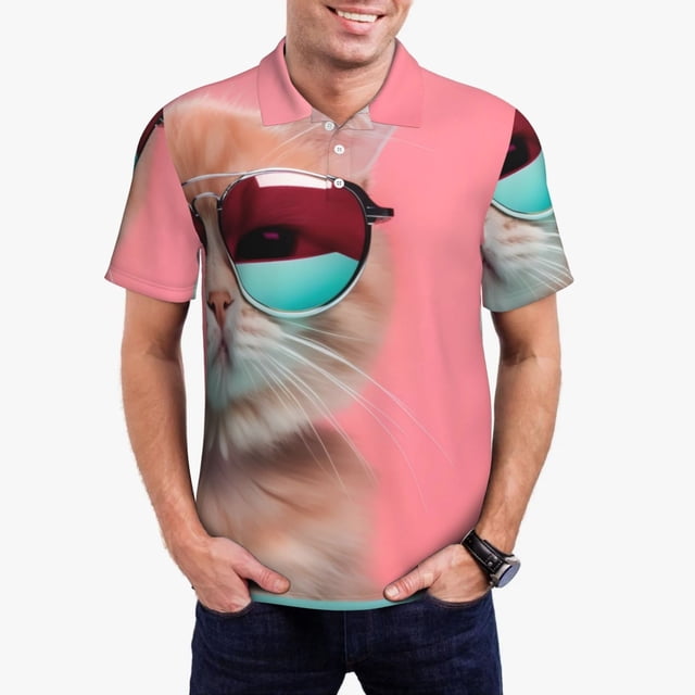 Balery Cool Cat Pink Sunglasses Camisa Polo de Hombre con Estampado, de Manga Corta y Tejido Medio, Camisa Tipo Golf Polo-Large