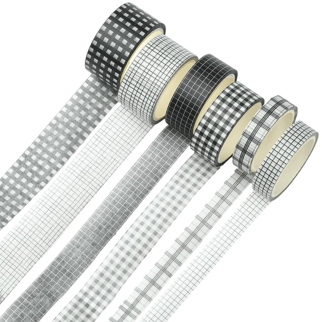 6 rollos de cinta cuadriculada para manualidades, cinta de enmascarar de 5 m (16,4 pies), color blanco y negro, surtido de colores, serie Lattice, pegatinas decorativas adhesivas básicas a cuadros.