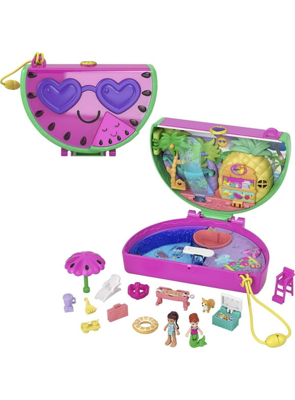 Polly Pocket Watermelon Pool Party Compact Playset with 2 Micro Dolls & Accessories, Travel Toys