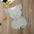 thumbnail image 6 of Biekopu Toddler Baby Girl's Solid Color Jumpsuit Ruffle Sleeve Button Down Bow Romper Playsuit with Pockets, 6 of 7