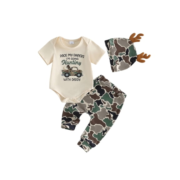 RUINIXCW Newborn Baby Boy Hunting Outfit Infant Baby Boys Spring Summer Fall Camo Clothes Funny Letter Truck Print Long Sleeve Romper and Camouflage Pants Hat Set