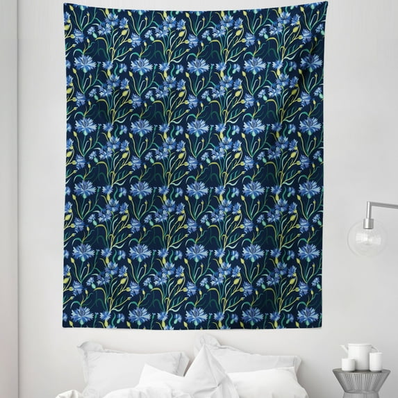 Dark Floral Tapestry, Blooming Cornflowers in Calming Hues Garden Art Illustration, Fabric Wall Hanging Decor for Bedroom Living Room Dorm, 5 Sizes, Night Blue and Apple Green, by Ambesonne