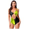 thumbnail image 1 of inlzdz Women's Shiny Metallic Rave Outfits Stage Performance Costume Hollow Out Bodysuit Contrast Green M, 1 of 5