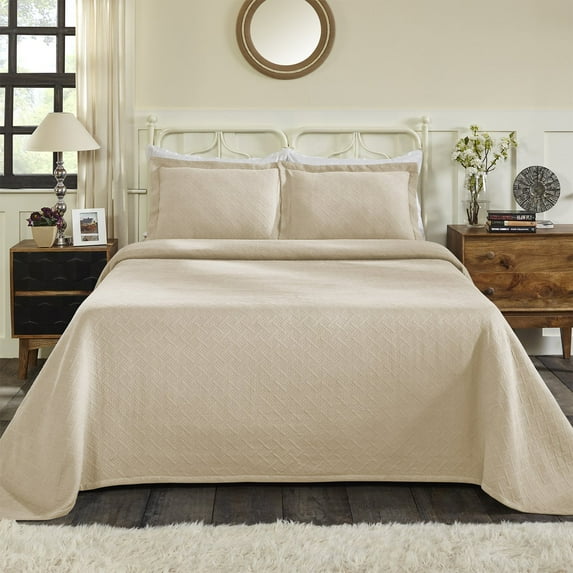 Basket Weave 100% Cotton Jacquard Matelassé Bedspread Set Linen / Full