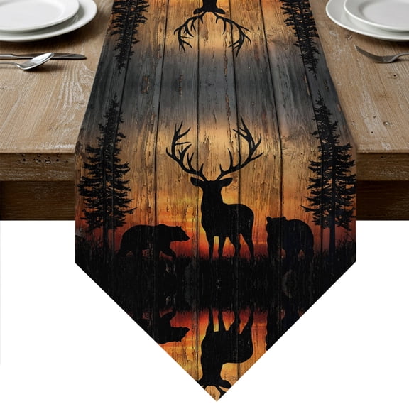 Deer Bear Table Runner Linen Burlap Table Runner 60 Inches Long Rustic Forest Sunset Pine Tree Natural Landscape Dresser Scarves for Kitchen Island Coffee Dining Room Party Holiday Decor 13"x60"