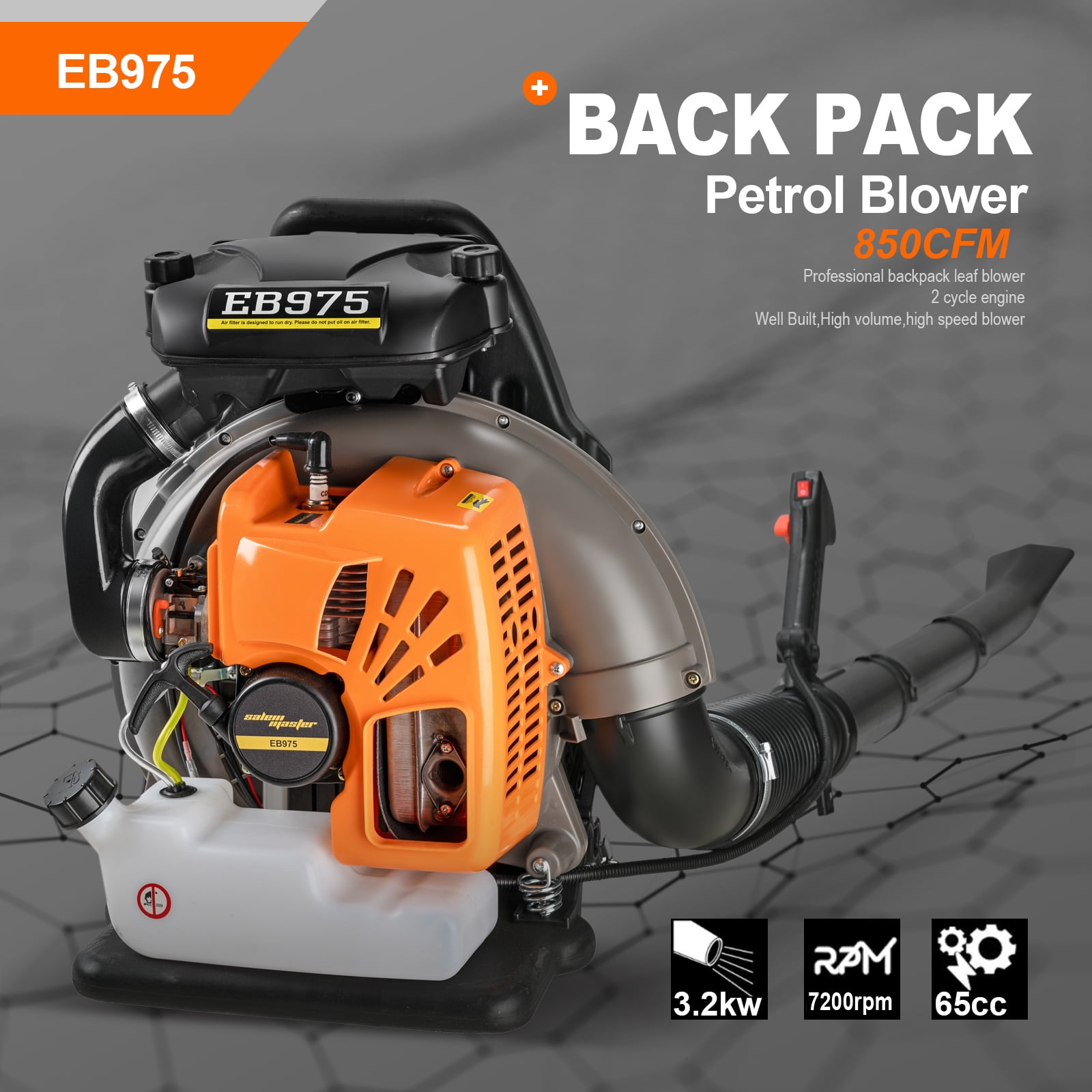 Backpack Leaf Blower Gas Powered 65 CC, 2-Cycle Engine Gasoline Blower 850CFM with Nozzle Extension for Lawn Care, Dust/Snow Removal