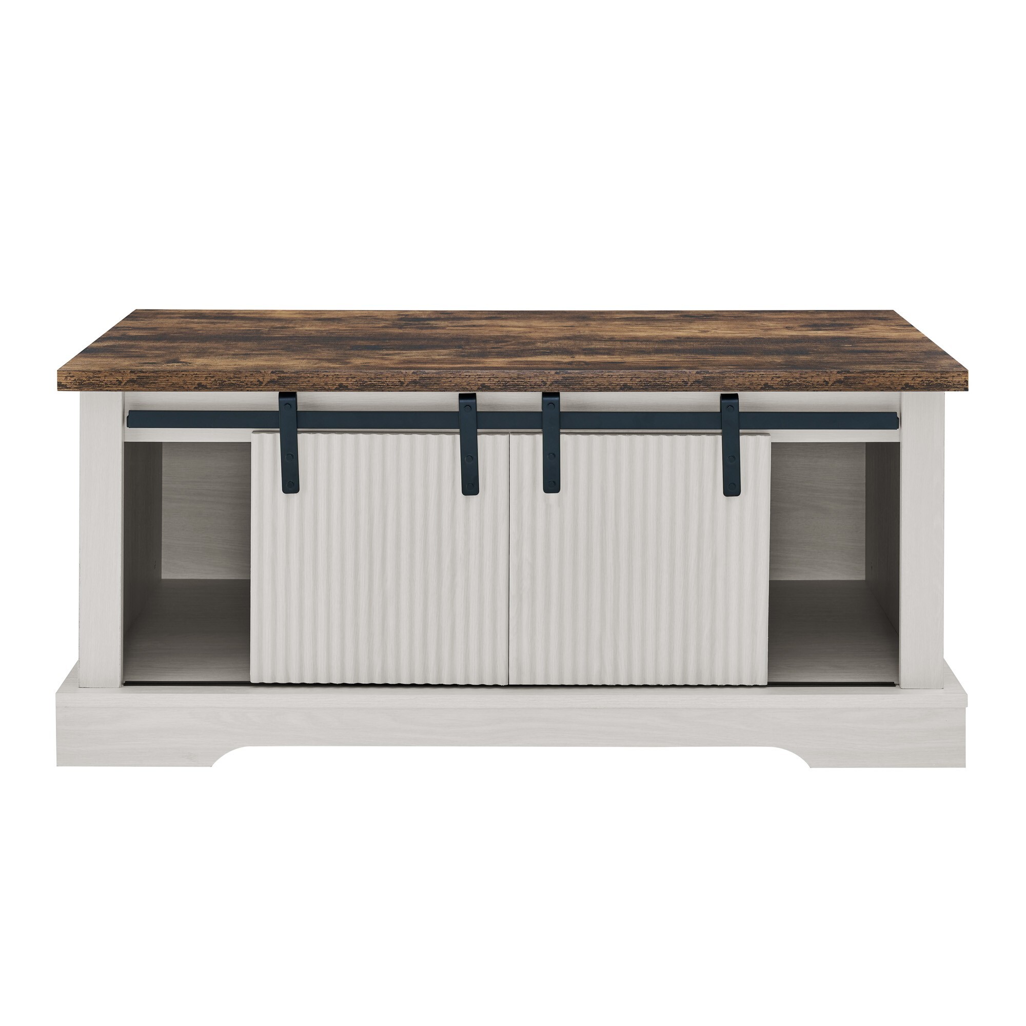 DEALTOPS Rustic Farmhouse Coffee Table with Sliding Barn Doors, Modern Accent Furniture, Antique White