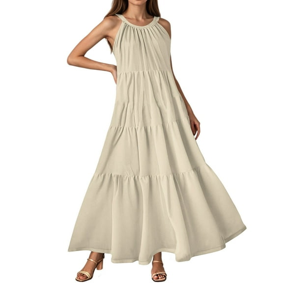 Summer Dress, Halter V Neck Sleeveless Loose Maxi Dress Casual Elegant Beach Wedding Guest Graduation Cocktail Dress Women'S For Try You Buy Womens Dresses (L, Beige) ZMTing