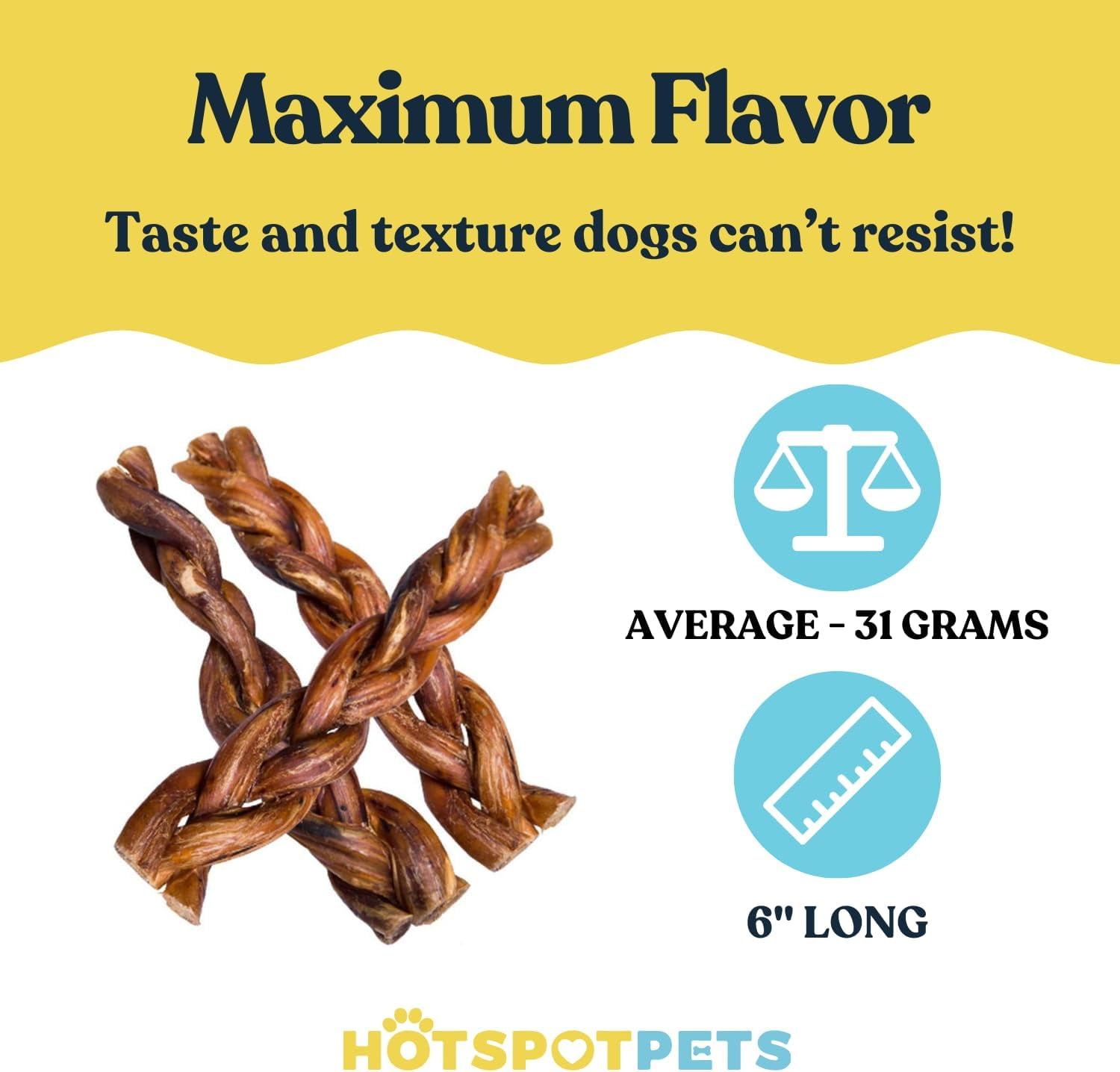 HotSpot Pets All Natural Braided Bully Sticks 6 Inch - 5 Pack - 100% Beef Chew Dog Treat for Large Dogs