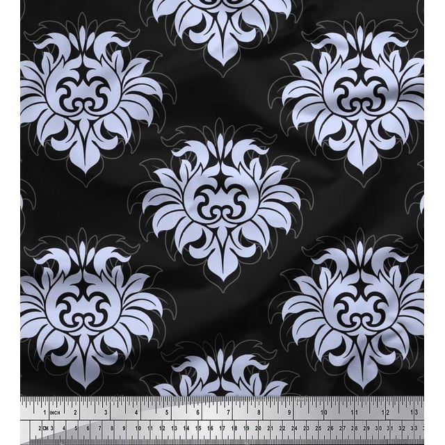 Soimoi Crepe Silk Fabric Seamless Baroque Damask Print Fabric by the Yard 42 Inch Wide