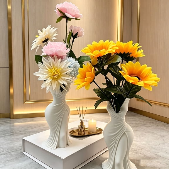 Linnome Modern Curvy Sculpture Vase Minimalist White Decorative Flower Planter for Living Room Bedroom office Tabletop