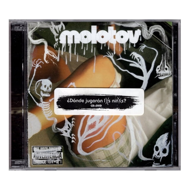 molotov - donde jugaran las niñas - cd + dvd - nuevo universal cd + dvd cubierta frontal en estuche jewel case con logo 'molotov' en blanco arriba, etiqueta central '¿Dónde jugarán l@s niñ@s? CD+DVD', ilustraciones en trazo blanco de calaveras y árbol sobre foto recortada de una persona con short a cuadros y ropa interior naranja, sello 'ADVERTENCIA' en esquina inferior izquierda; paquete CD+DVD de Universal; también adecuado para coleccionistas de rock latino.