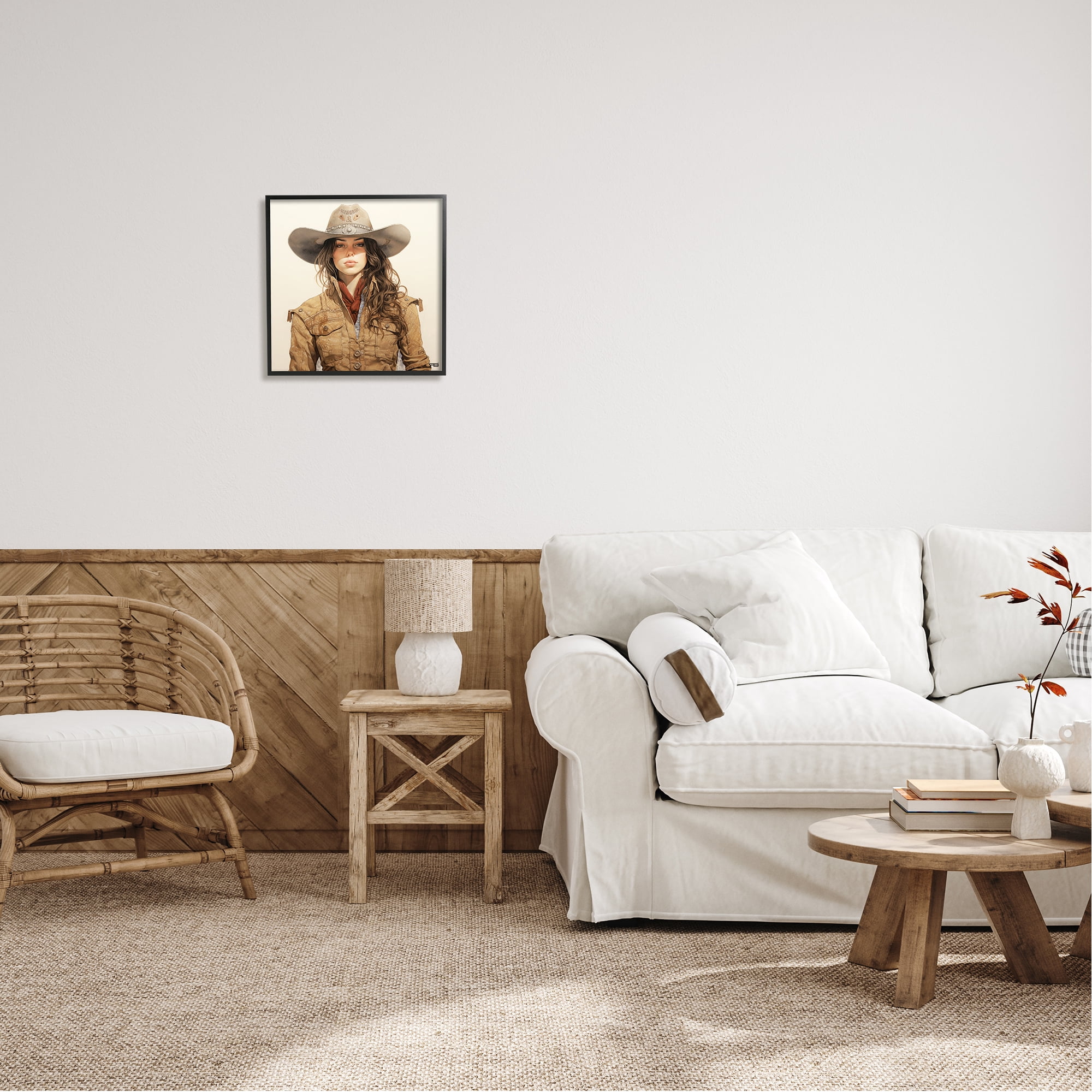 Stupell Industries Country Cowgirl on Beige Abstract Painting Black Framed Art Print Wall Art, 17 x 17