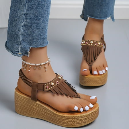 

LIANGP Women s Sandals Ladies Sandals Thong Sandals Wedge Ultra Thick Platform Thong Fringe Boho Sandals Women s Shoes Brown Size 7.5
