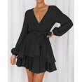 thumbnail image 2 of Vestido cruzado con escote en V y mangas largas para mujer, 2023, dobladillo con volantes y lazo en la cintura, vestido mini para cóctel, boda, fiesta, 2 of 4