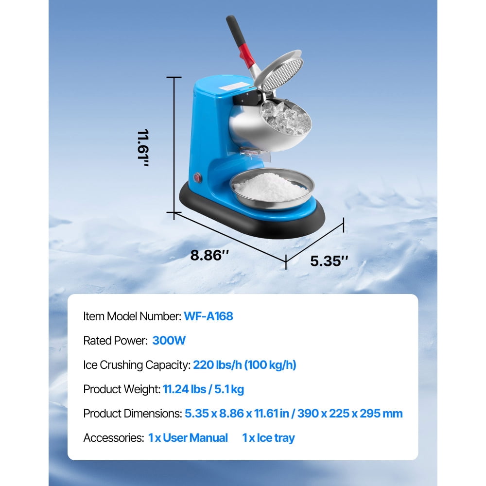 300W Commercial Electric Ice Crusher 220LBS/H Snow Cone Maker Shaved Ice Machine with 4 Stainless Steel Blades Anti‑Splash Design for Home Party Dessert Shop Blue
