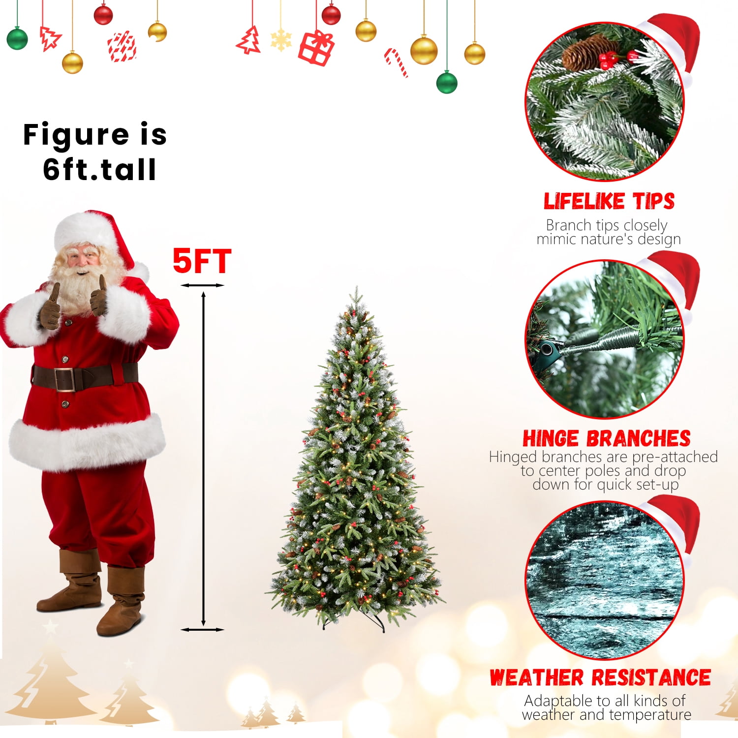 6 Ft Christmas Tree with 350 Warm White LED Lights, 1593 Snow-Tipped PE+PVC Branches, Red Berries & Pine Cones, Hinged Design, Stable Metal Stand, Realistic Holiday Decoration