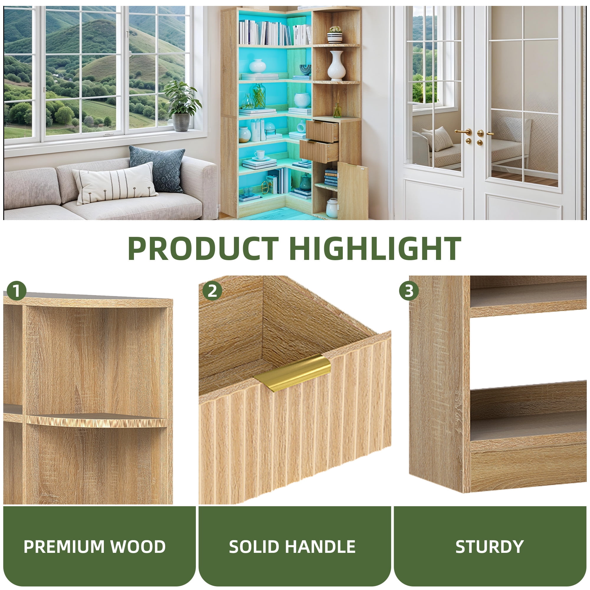 Uforic 6-Tier Corner Bookshelf with 2 Drawers, Modern Tall L Shape Bookcase with LED Light & Storage, Oak