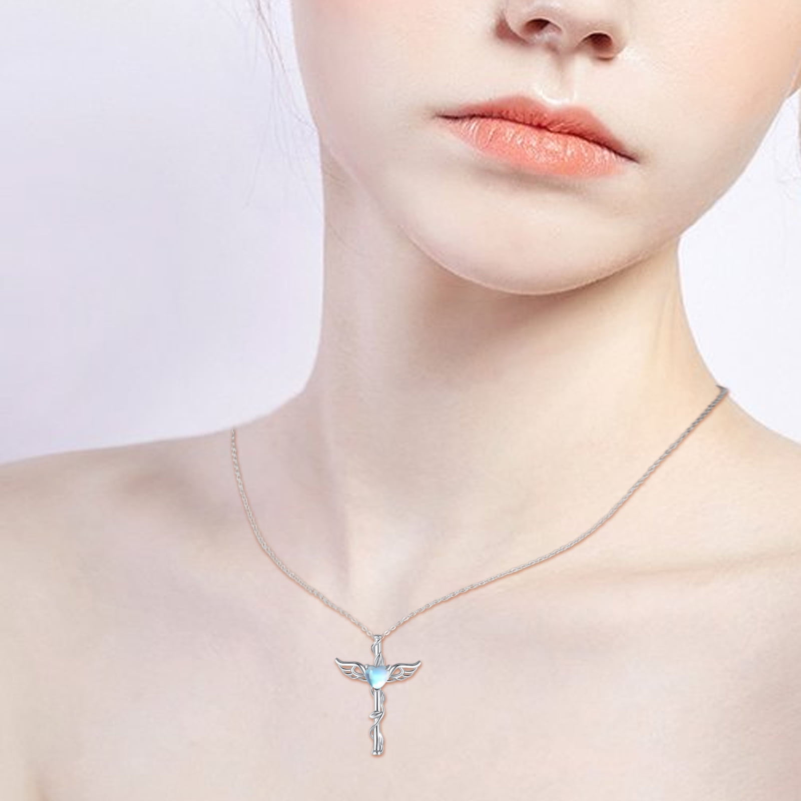 Coachuhhar Angel Wing Cross Necklace 925 Sterling Silver Moonstone Cross Crucifix Pendant Necklace Guardian Angel Wings Necklace Cross Jewelry Gifts for Women