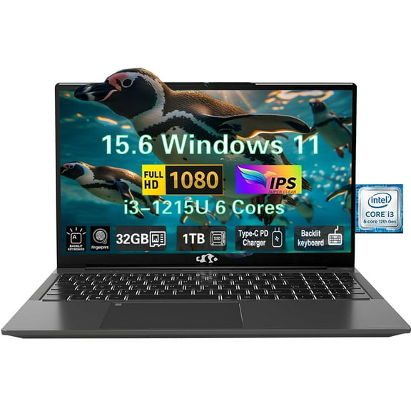 15.6" FHD High-performance laptop, Windows 11, Conference camera, Type-C 65W PD fast charger, Intel i3-1215U 32GB RAM 1TB SSD, Lightweight PC Computer, fingerprint, Backlit keyboard