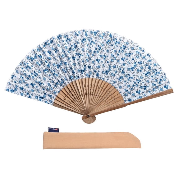 1pc Hand Fan Flower Design Calico Liberty Style Foldable 23cm 9inch with Bamboo Rib and Cotton Pouch