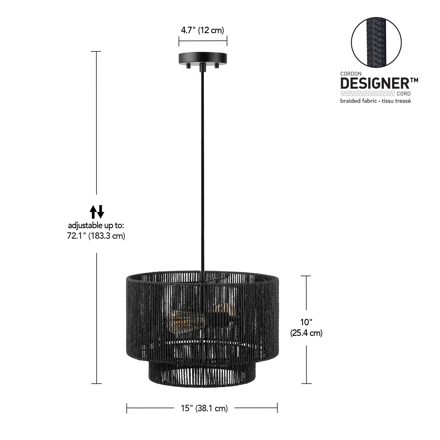 Globe Electric 2-Light Matte Black Pendant Light with Black Paper Twine Shade