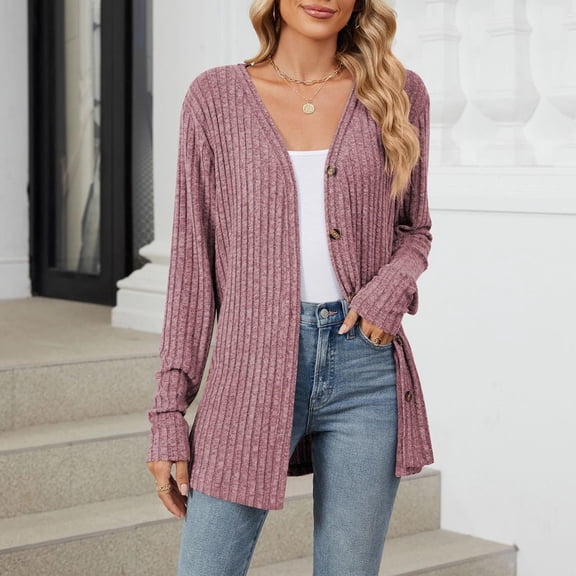 Meichang Womens Cardigan Sweaters Lightweight Open Front Button Ribbed Knit Cardigans V Neck Long Sleeve Fall Sweater Cardigan