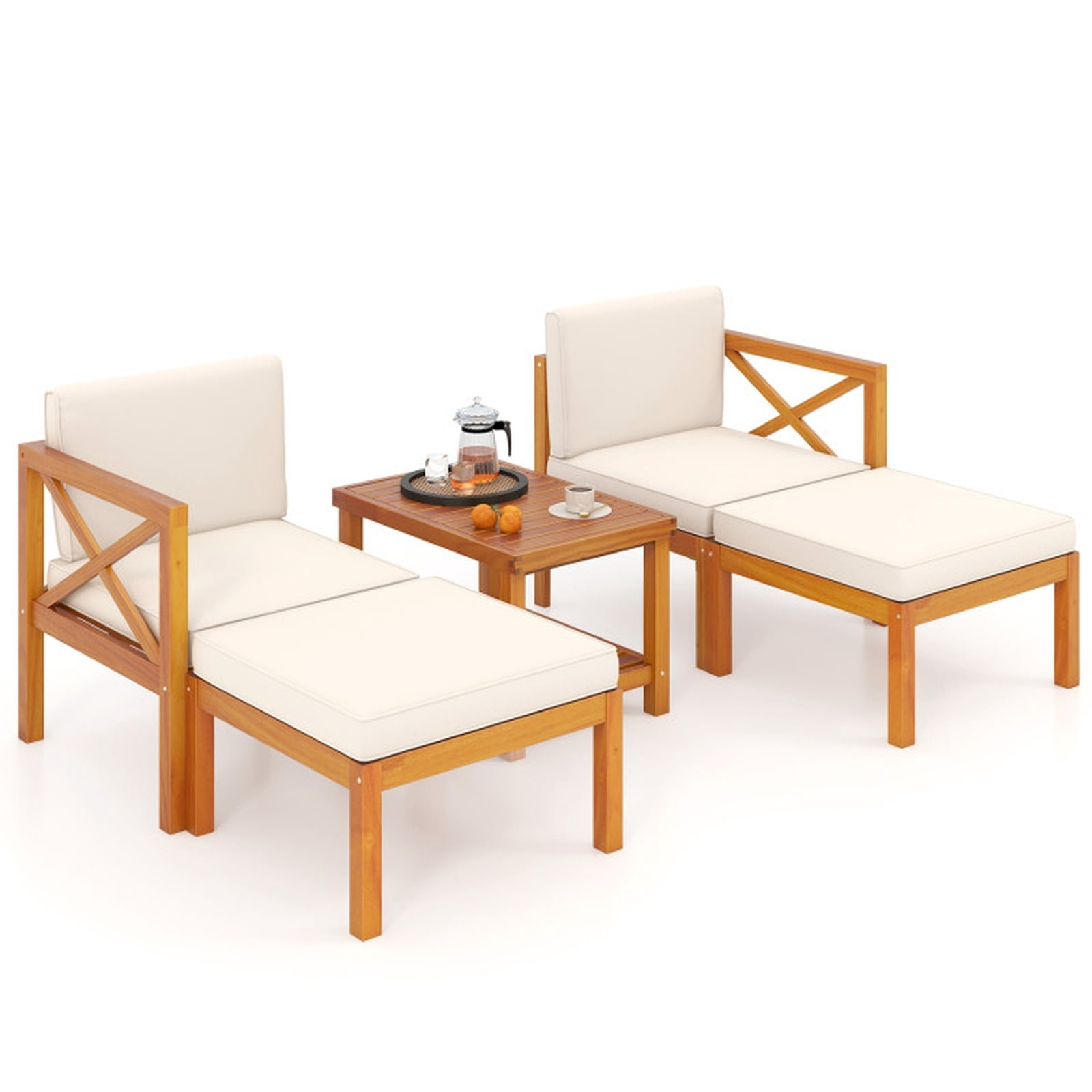 Furnibear 5 Piece Acacia Wood Patio Lounge Chair Set Outdoor Sofa Conversation Set with Ottomans Cushions and Coffee Table for Backyard, White