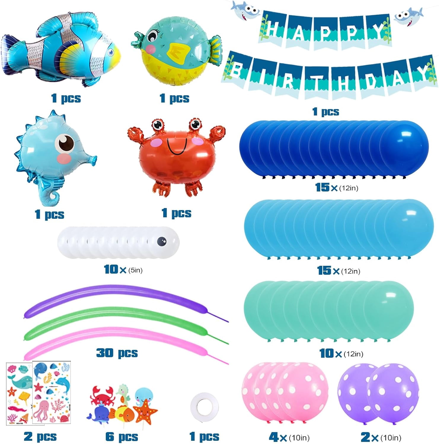 Under the Sea Party Decorations, Birthday Decorations for Kids Boys, Balloon Arch Kit with Happy Birthday Banner, Ocean Animals Balloons Party Decoration Supplies