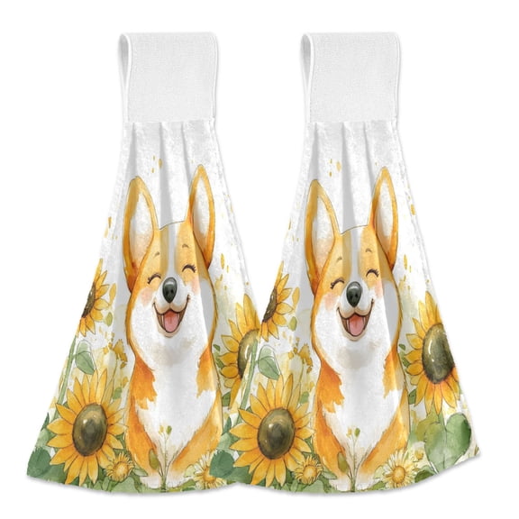 Haosy 2 Pack Kitchen Wash Cloths with Hanging Loops Absorbent Absorbent Quick Drying Hand Towels, Happy Corgi and Sunflowers