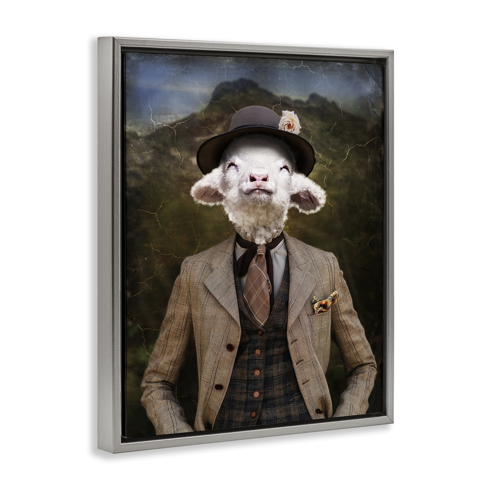 Stupell Industries Happy Classic Lamb Animals & Insects Painting Gray Floater Framed Canvas Art Print Wall Art, 17 x 21