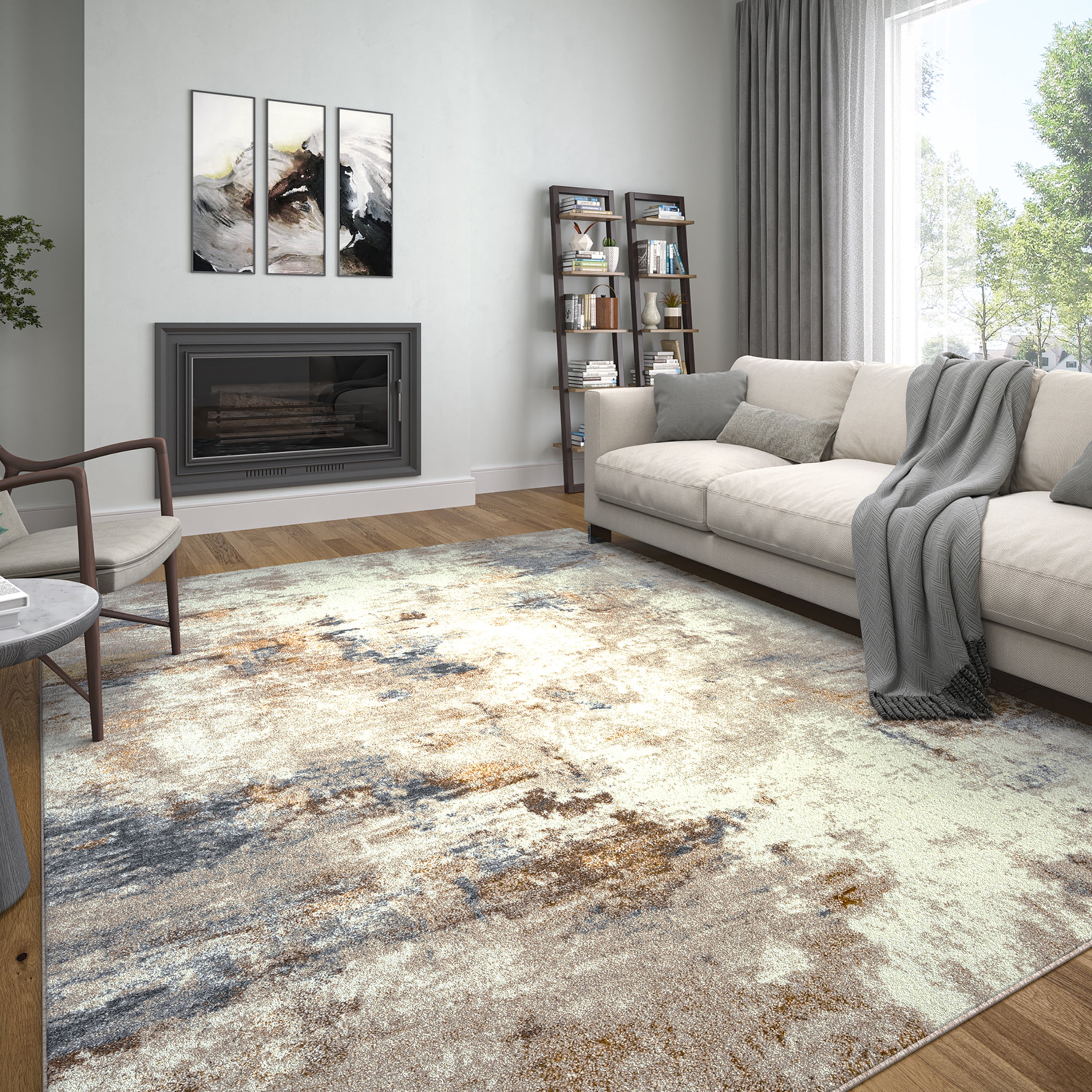 Contemporary 5x8 Area Rug (5'3'' x 7'3'') Abstract Yellow, Gray Living Room Easy to Clean