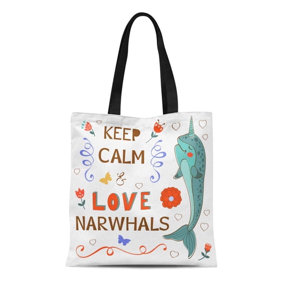 LADDKE Canvas Tote Bag Colorful Keep Calm and Love Narwhals Aquatic Beautiful Reusable Shoulder Grocery Shopping Bags Handbag
