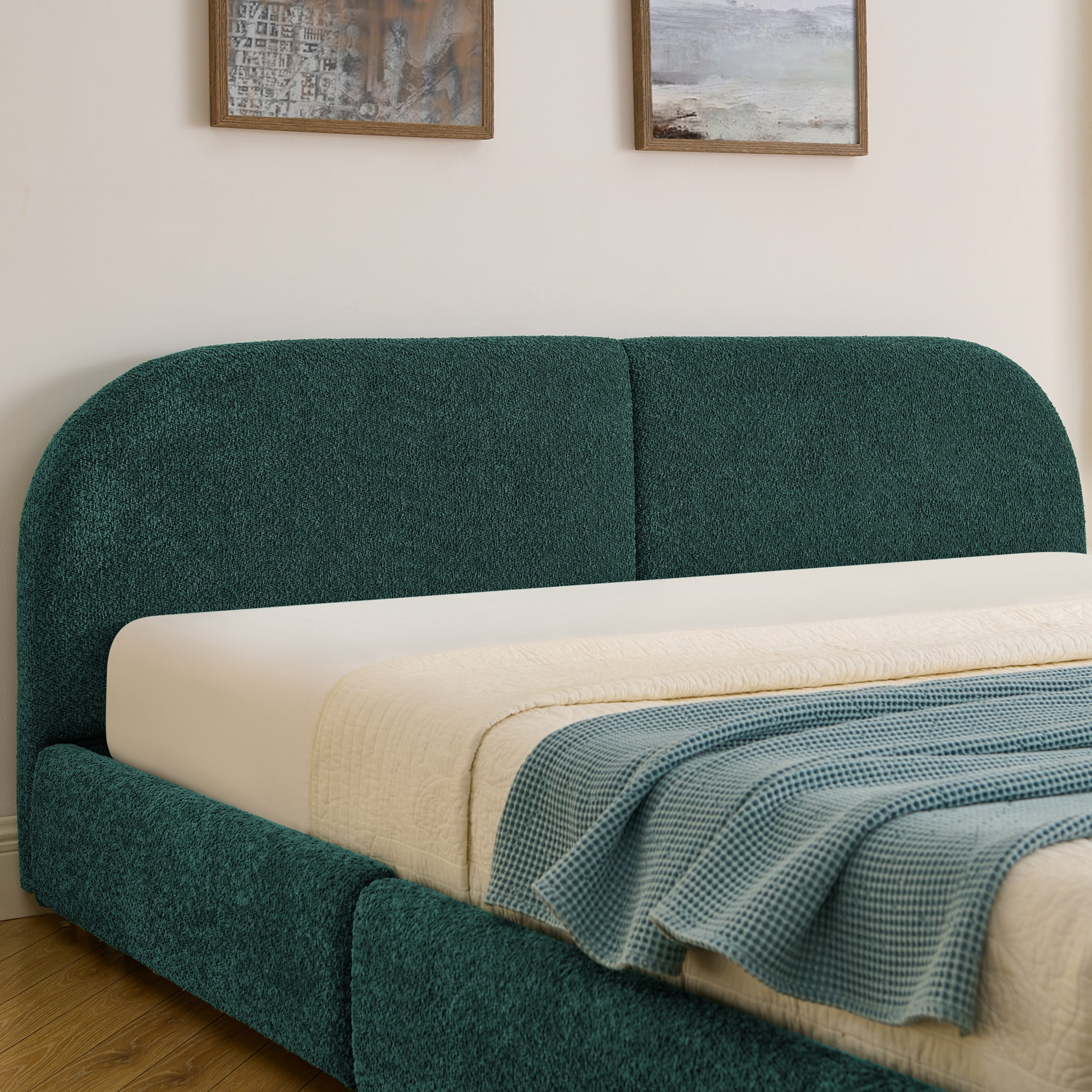 Noble House Elbert King Size Upholstered Bed Frame, Circle Yarn Tall Curved Headboard with Storage Drawers, Green