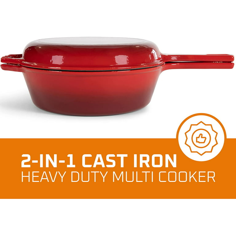 Enameled Red 2-In-1 Cast Iron Multi-Cooker By Bruntmor – Heavy