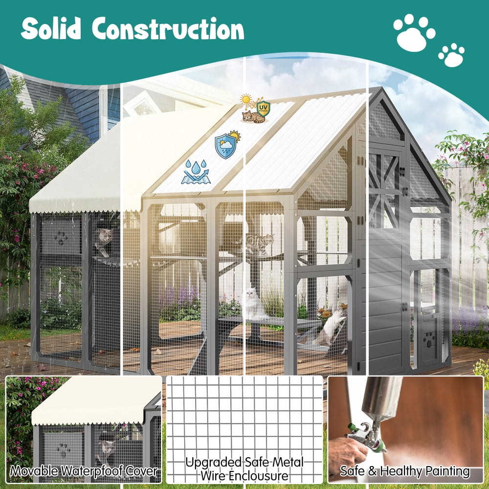 AUU Extra Large Walk-In Catio for Multiple Cats, Outdoor Cat Enclosure with Bridges, PVC Roof, Weatherproof Cover, 8 Platforms, and 2 Resting Boxes