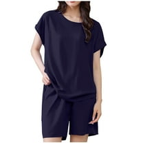 Diufon Plus Size Womens Cotton Pjs Sets Round Neck Short Sleeve Tops Solid Color Shorts Sets