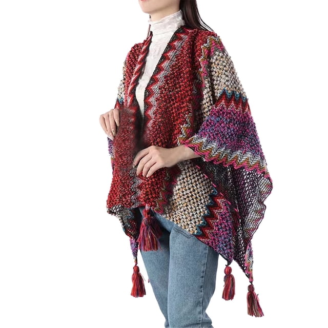 Châles Rouges Femmes Imprimé National Poncho Coloré à Empiècements avec Pompons Châle Tricoté Foulard à Franges Châles Pashminas Chandail Chandail Cape Cadeaux pour Femmes Chandail Ourlet à Pompons Châle Enveloppe Cape