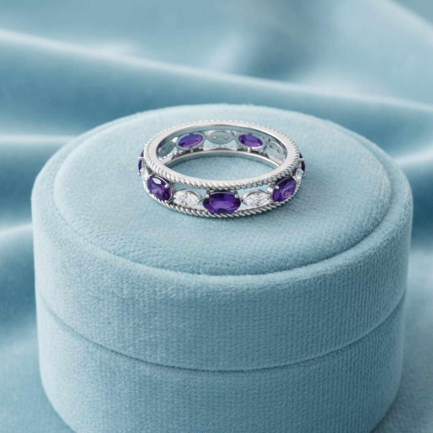 0.35ct Oval Eternity Amethyst Engagement Ring with CZ Halo 925 Sterling Silver Promise Ring for Women | Wedding, Engagement Bridal Rings | Mothers Day Gift
