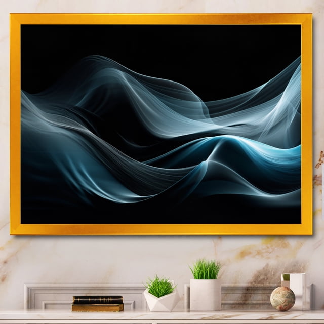 Designart Waves framed wall art, Reflective Abyss Blue and Black I , Abstract Modern Waves Large framed wall art decor, Blue Modern Gold framed wall art, 32x24 inches Gold Frame