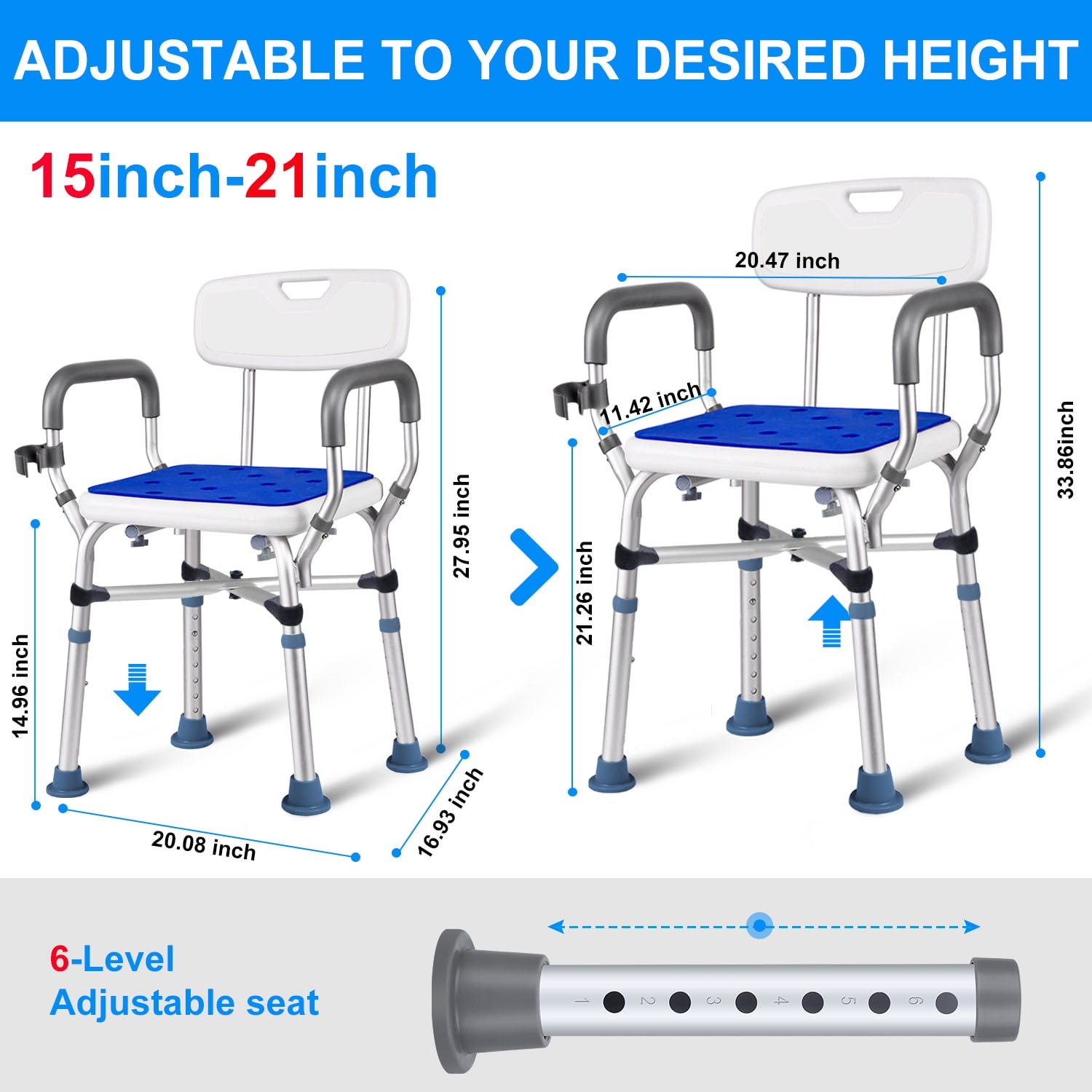 Shower Chair, Shower Stool with Shower Grab Bar for Bathtub , Adjustable Shower Seat Supports up to 500 lbs., White