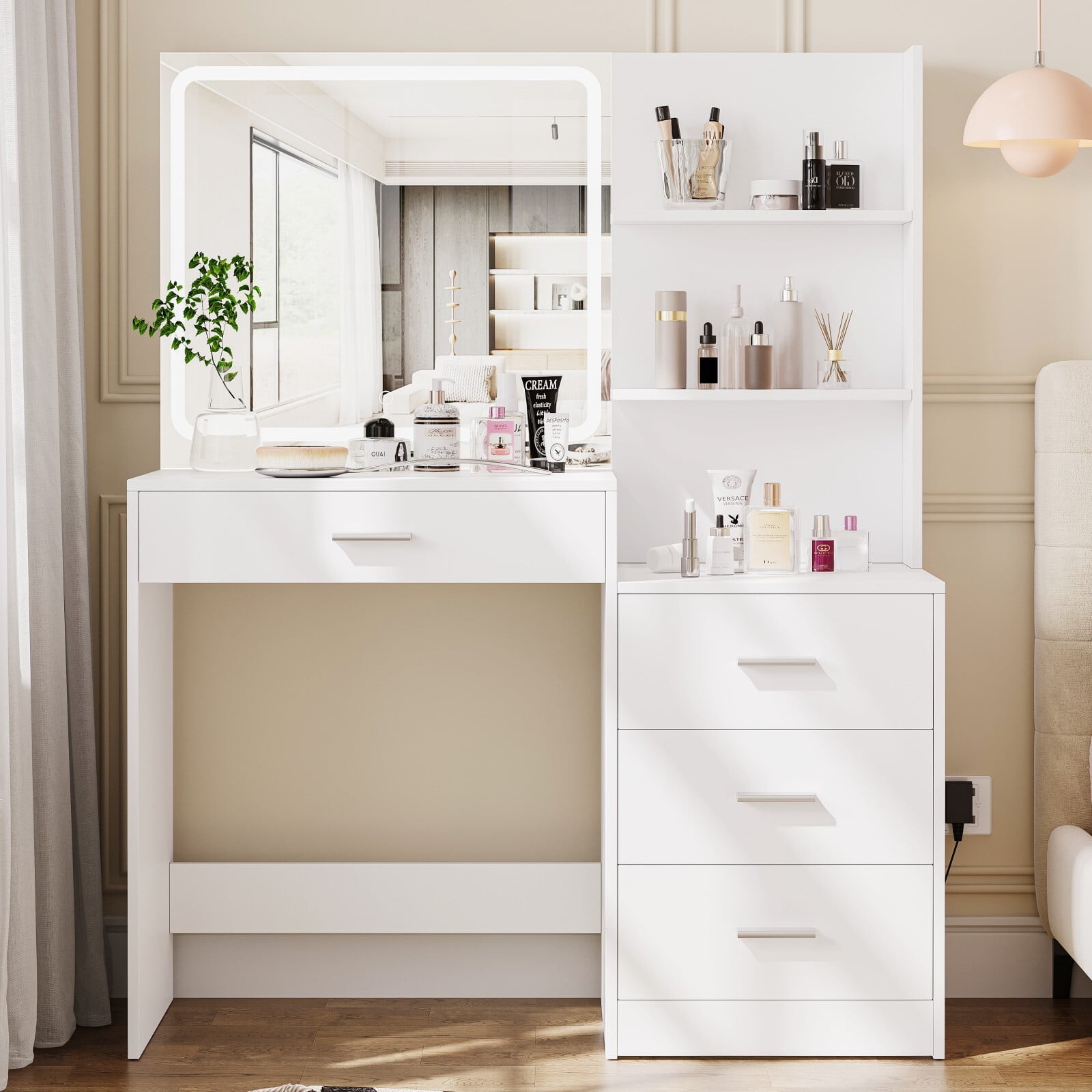 Rovaurx Makeup Vanity Table with Lights and Mirror, Storage Shelf & 4