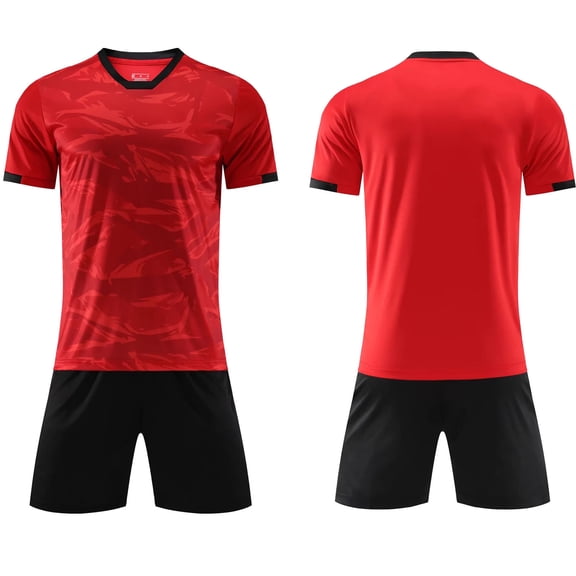 BRGZLK Kids Boys 2 Piece Sport Outfits Summer 2026 Print Breathable Comfortable Relaxed V-Neck Short Sleeve Soccer Jersey and Shorts Tracksuit Red L