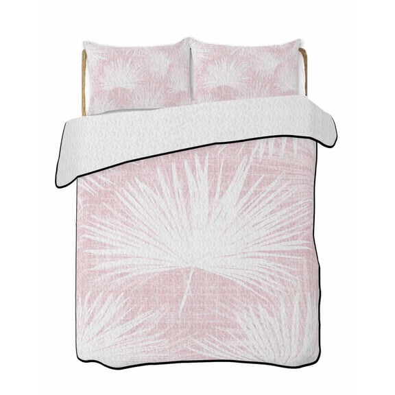 Twin XL Quilt Bedding Set, Pink Palm Leaves Coastal Reversible Summer Quilt 3 Pieces, Summer Tropical Botanical Boho Lightweight Bedspreads Coverlets with 2 Pillow Shams for All Seasons