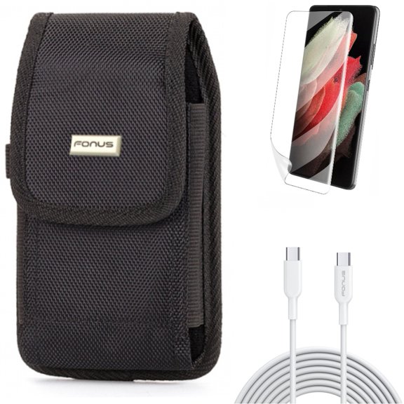 10ft Long Type-C Cable w Case Belt Clip w Matte Screen Protector for Samsung Galaxy S21 Plus - Fast Charger Cord PD, Swivel Holster, TPU Film Anti-Glare Accessory Bundle