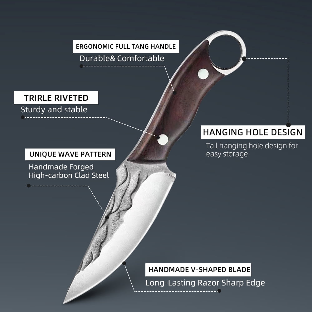 Kitchen Knife Set,Forged Hunting Knife with Heavy Duty Kitchen Shear,Full Tang Fixed Blade Knife Wood Handle with Lanyard,Camping Knife Fishing Knife w/ Sheath