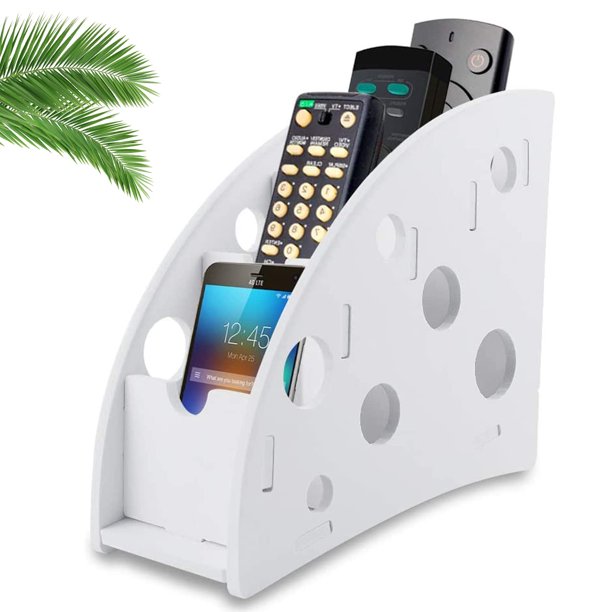 1 caja de almacenamiento de control remoto con 4 compartimentos compuesto de madera y plástico para mandos a distancia de TV, consode juegos, teléfonos móviles, bolí, material de oficina (blanco)