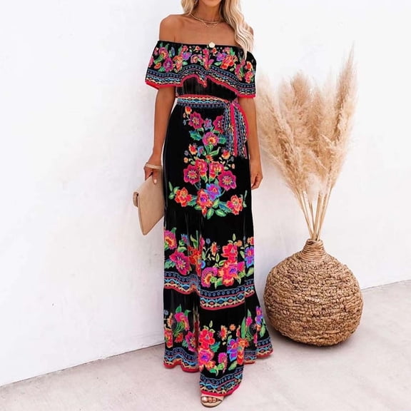 YMNXA Women's Dress Off Shoulder Floral Print Elegant Comfortable Swing Maxi Dresses For Casual Daily Wear Black L
