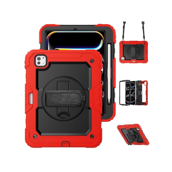 for iPad Pro 11 Inch Case M5 2025 M4 2024 6th 5th Generation Protective Cover with Built-in Screen Protector, 360° Rotating Stand, Adjustable Shoulder Strap, Pencil Holder
